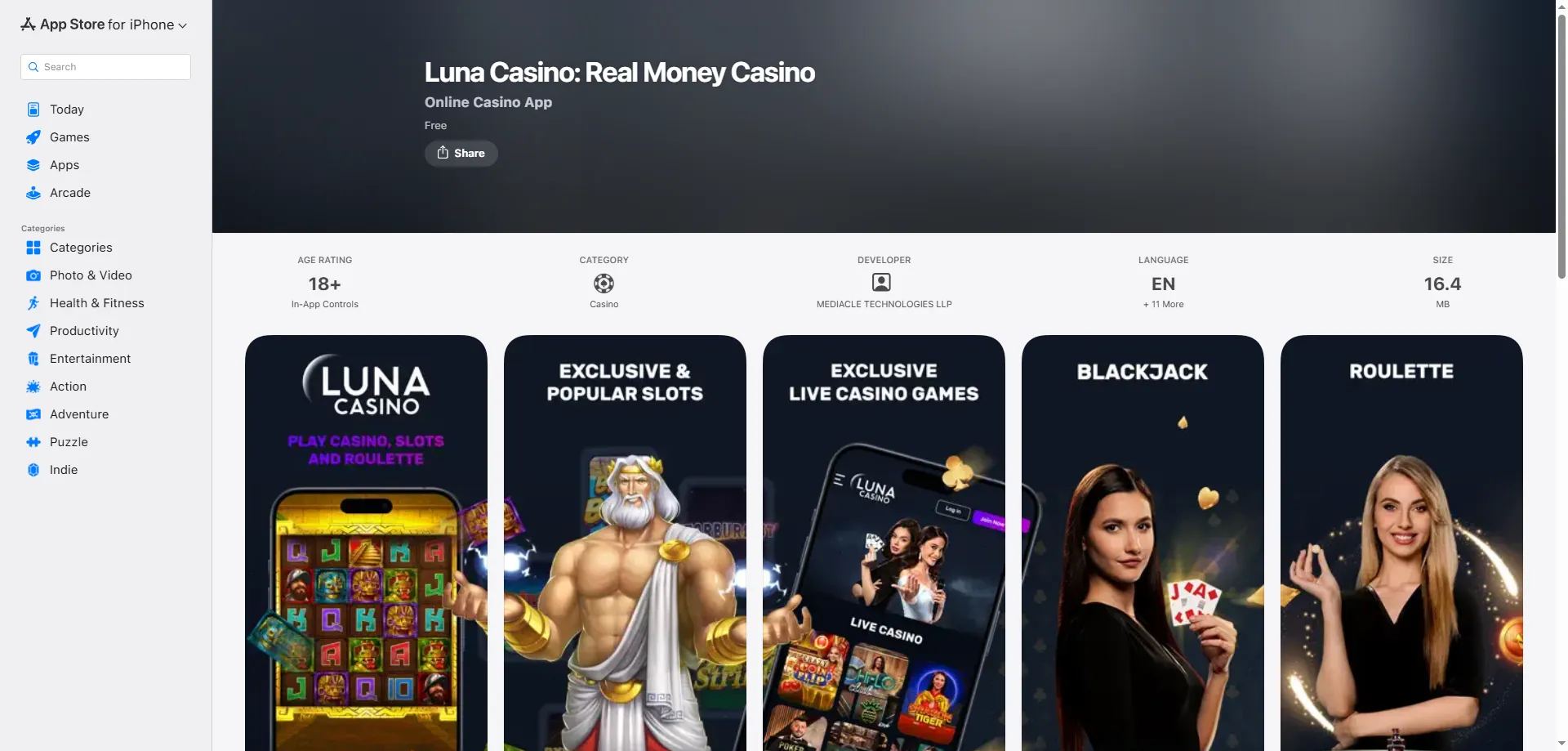 App móvil de Luna Casino disponible para Android e iOS